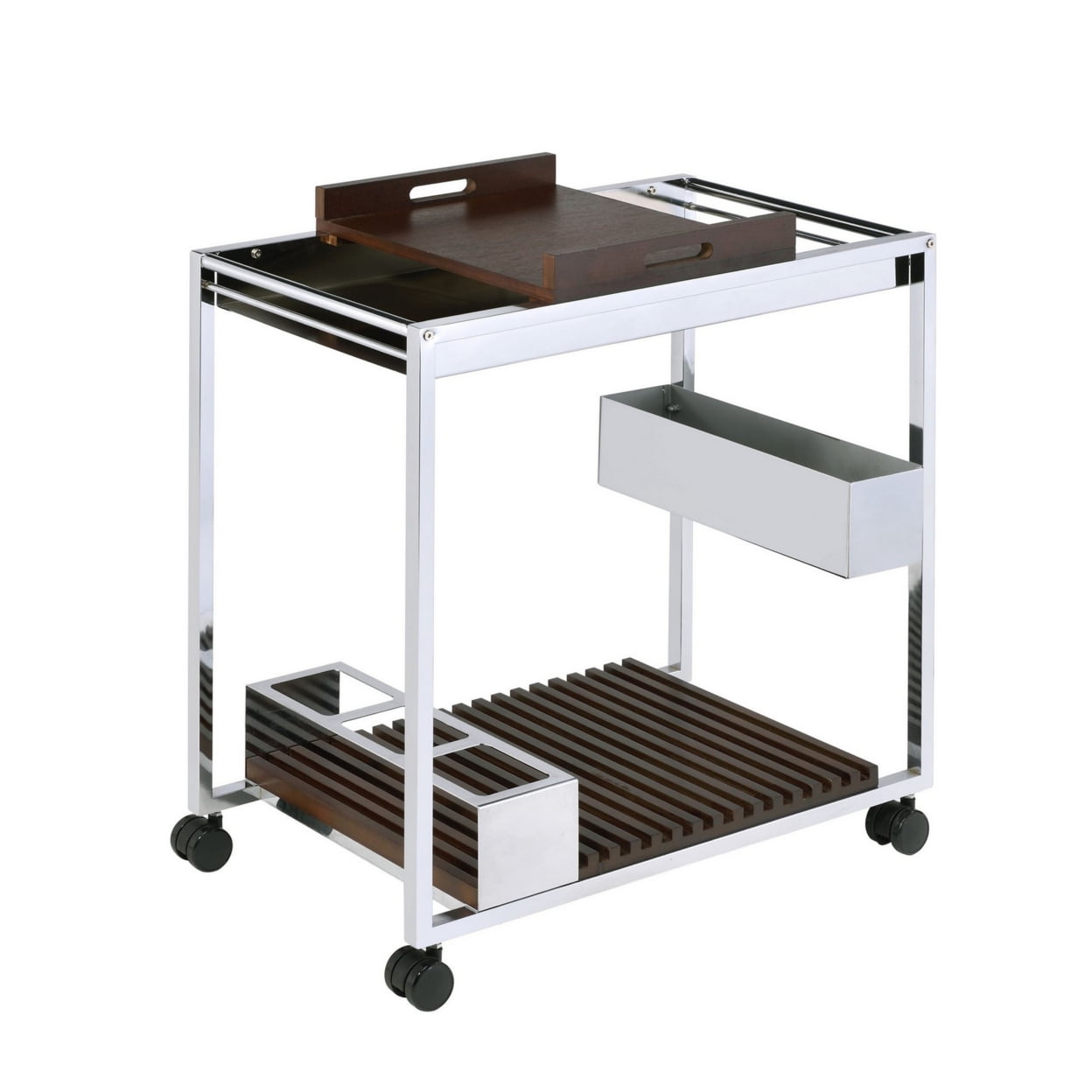 Picture of Benjara BM225725 Metal & Wood Serving Cart with Tray & Floating Shelf&#44; Brown & Silver