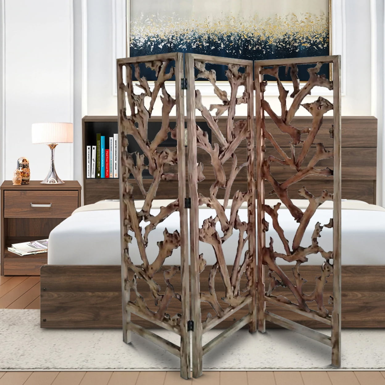 Picture of Benjara BM220198 3 Panel Wooden Screen with Mulberry Alpine Like Branches Design, Brown