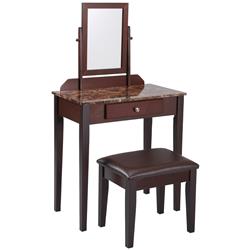 Picture of Benjara BM221619 Wood & Faux Leather Vanity Set with Faux Marble Top&#44; Brown