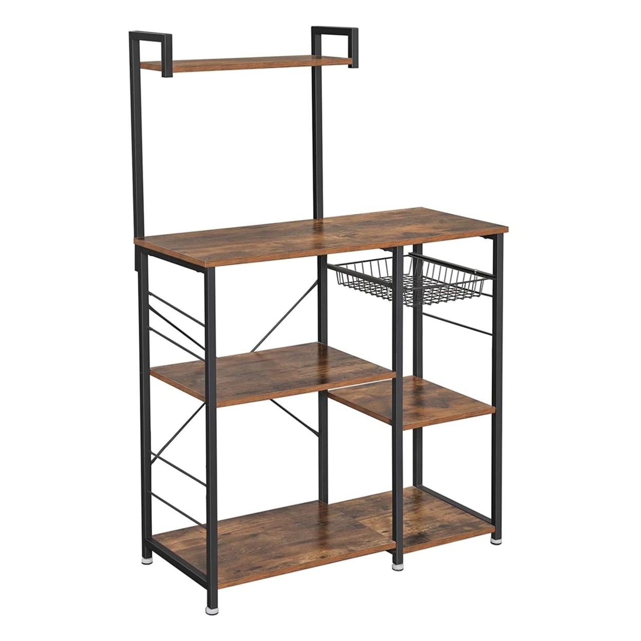 Picture of Benjara BM221272 Wooden Utility Storage with 5 Shelves & Wire Basket&#44; Brown & Black
