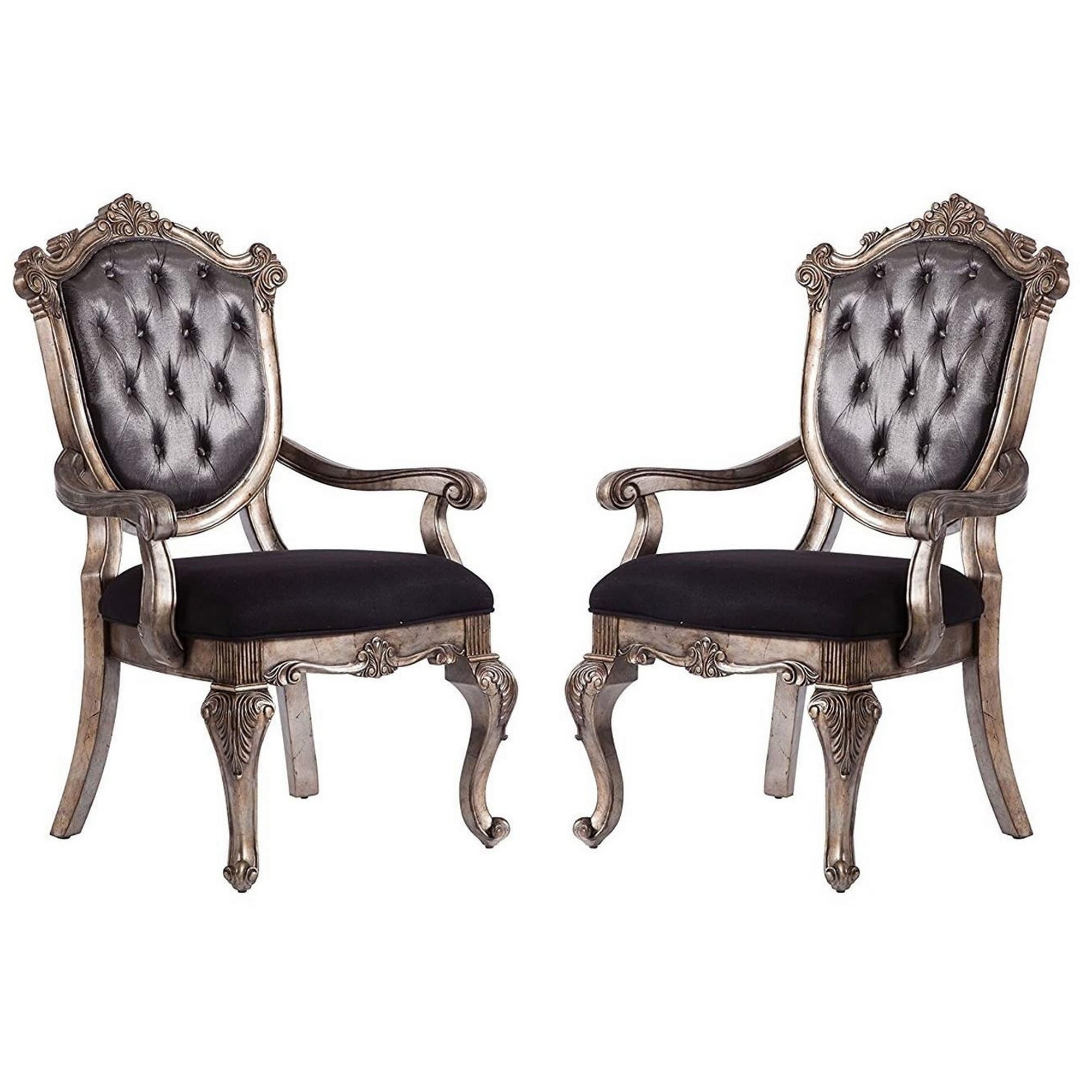 Picture of Benjara BM221491 Wooden Arm Chair with Button Tufted Padded Backrest&#44; Silver & Gray - Set of 2