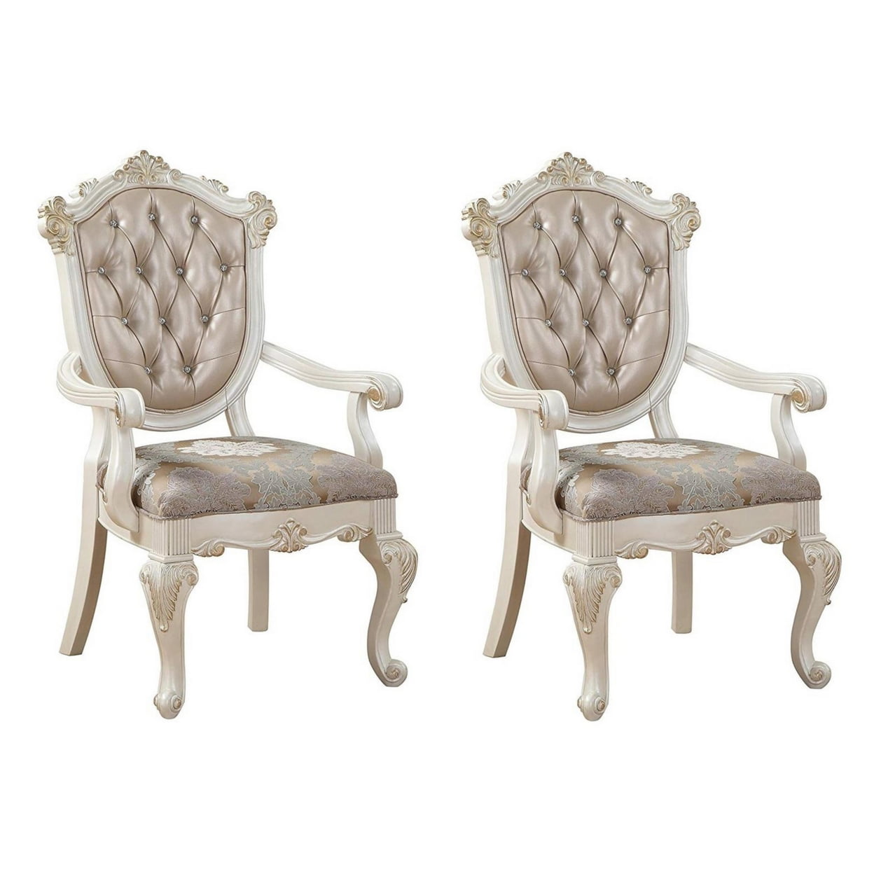 Picture of Benjara BM221497 Wooden Arm Chair with Floral Patterned Padded Seat&#44; White & Gold - Set of 2