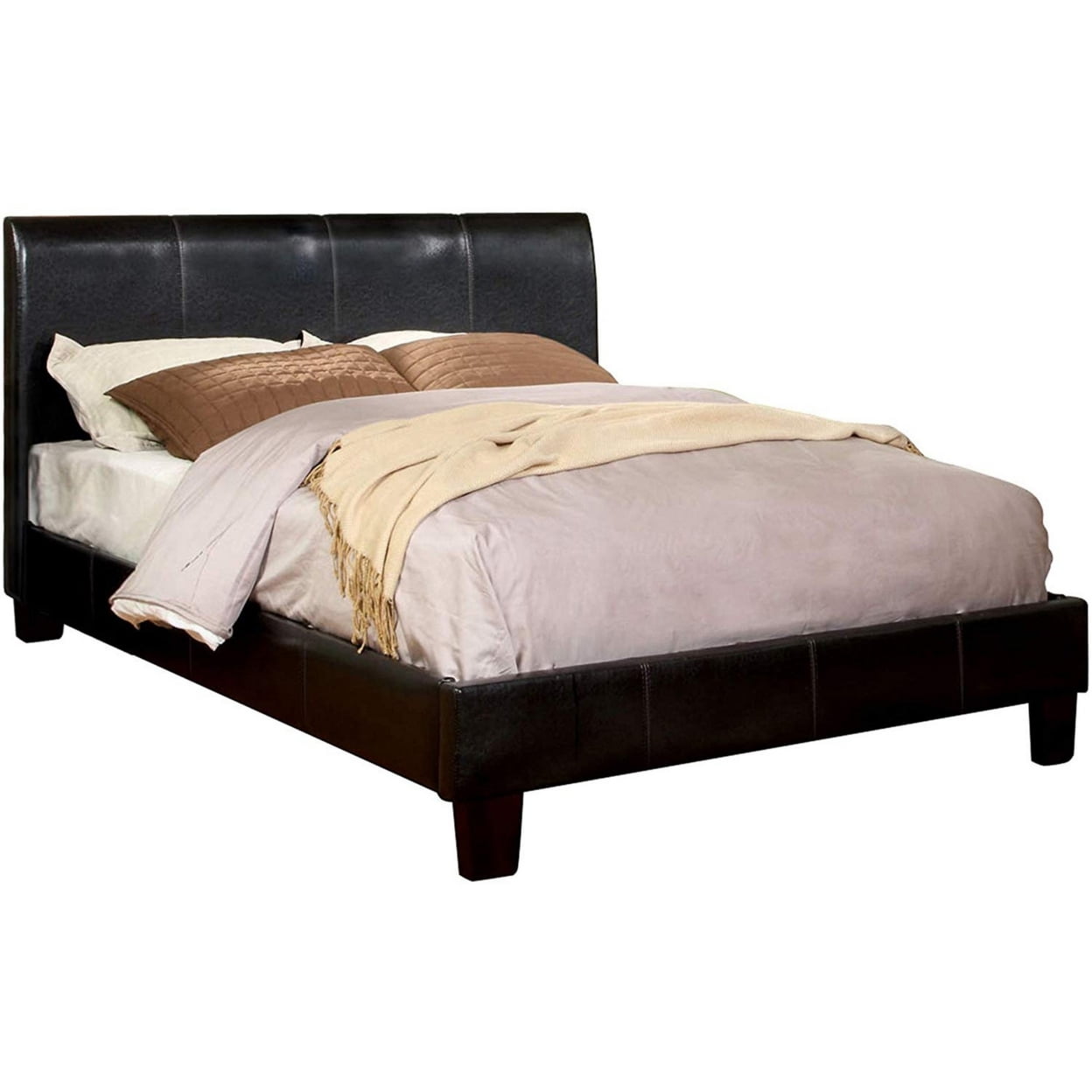 BM217668 Platform Style Leatherette Bed with Curved Headboard, Brown - Queen Size -  Benjara