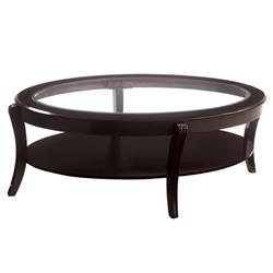 Picture of Benjara BM219905 Oval Wooden Cocktail Table with Glass Insert & Open Shelf&#44; Espresso Brown