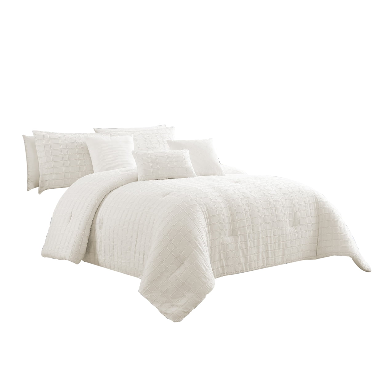 BM225178 Cotton Comforter Set with Fringe Details, White - Queen Size - 7 Piece -  Benjara