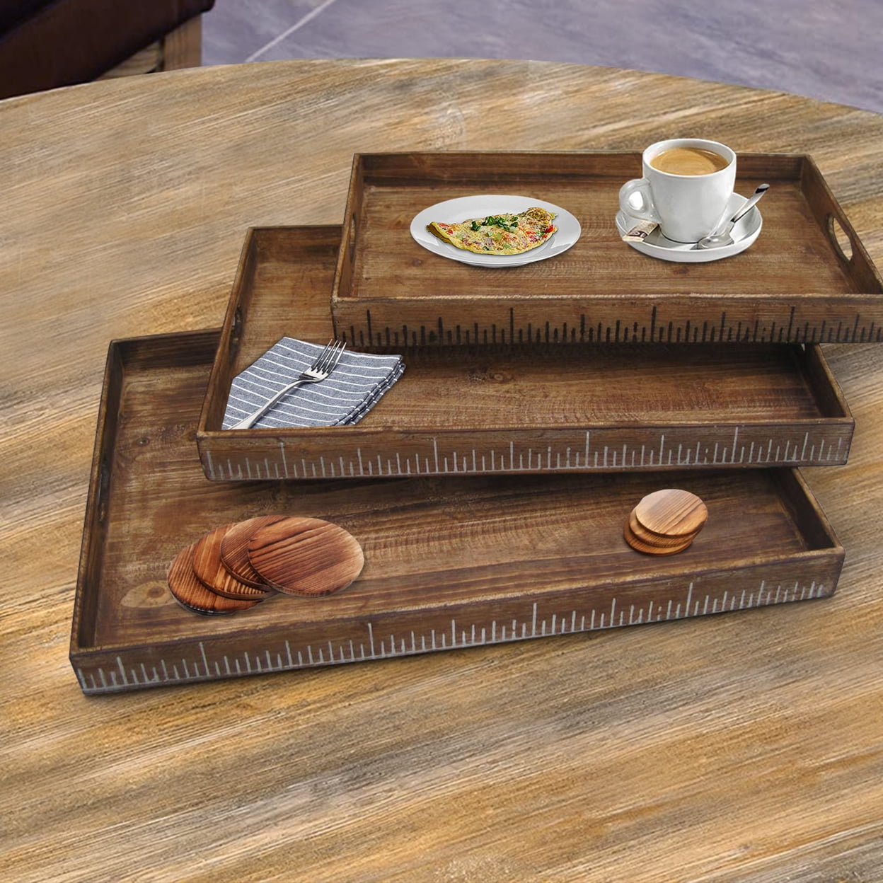 Picture of Benjara BM228642 Wooden Tray with Grain Details & Cut Out Handles&#44; Brown - Set of 3