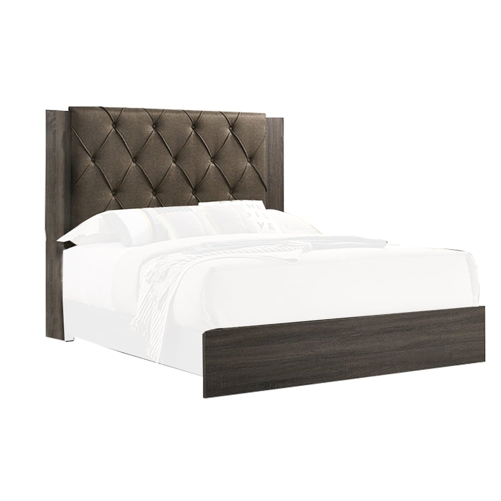 BM228551 Wooden Bed with Button Tufted Upholstered Headboard, Gray & Brown - Queen Size -  Benjara