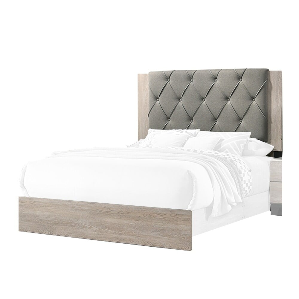 BM228554 Wooden Bed with Button Tufted Upholstered Headboard, Gray & Cream - Queen Size -  Benjara