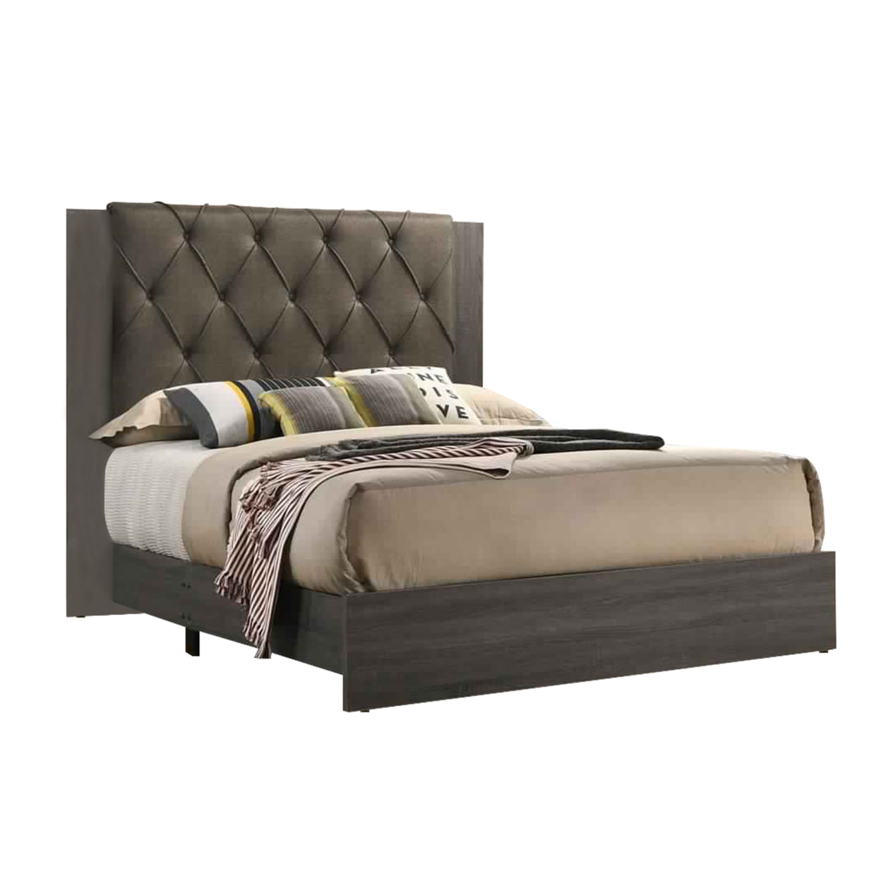 Picture of Benjara BM226857 Wooden Bed with Button Tufted Fabric Headboard&#44; Gray & Brown - Queen Size