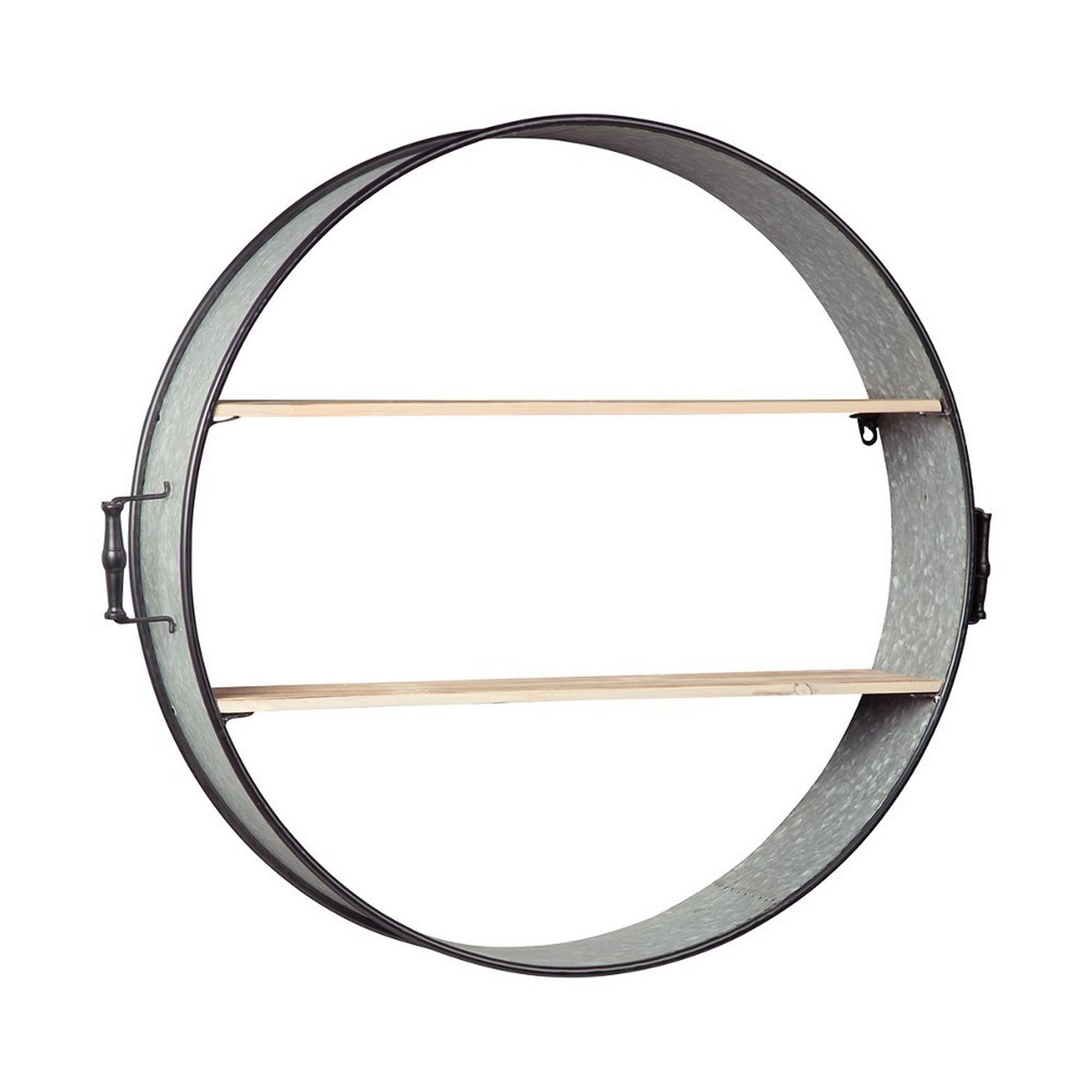 Picture of Benjara BM227143 2 Tier Wooden Wall Shelf with Round Metal Frame & Side Handles&#44; Gray