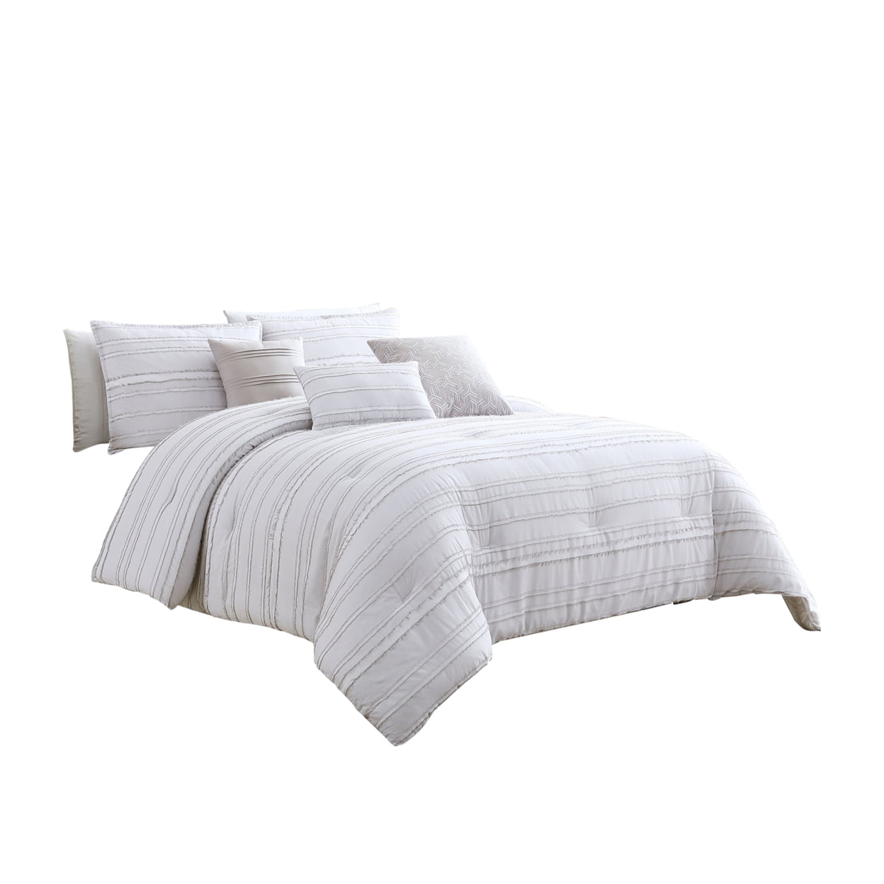 BM227300 Cotton Comforter Set with Frayed Edges, White & Gray - King Size - 6 Piece -  Benjara