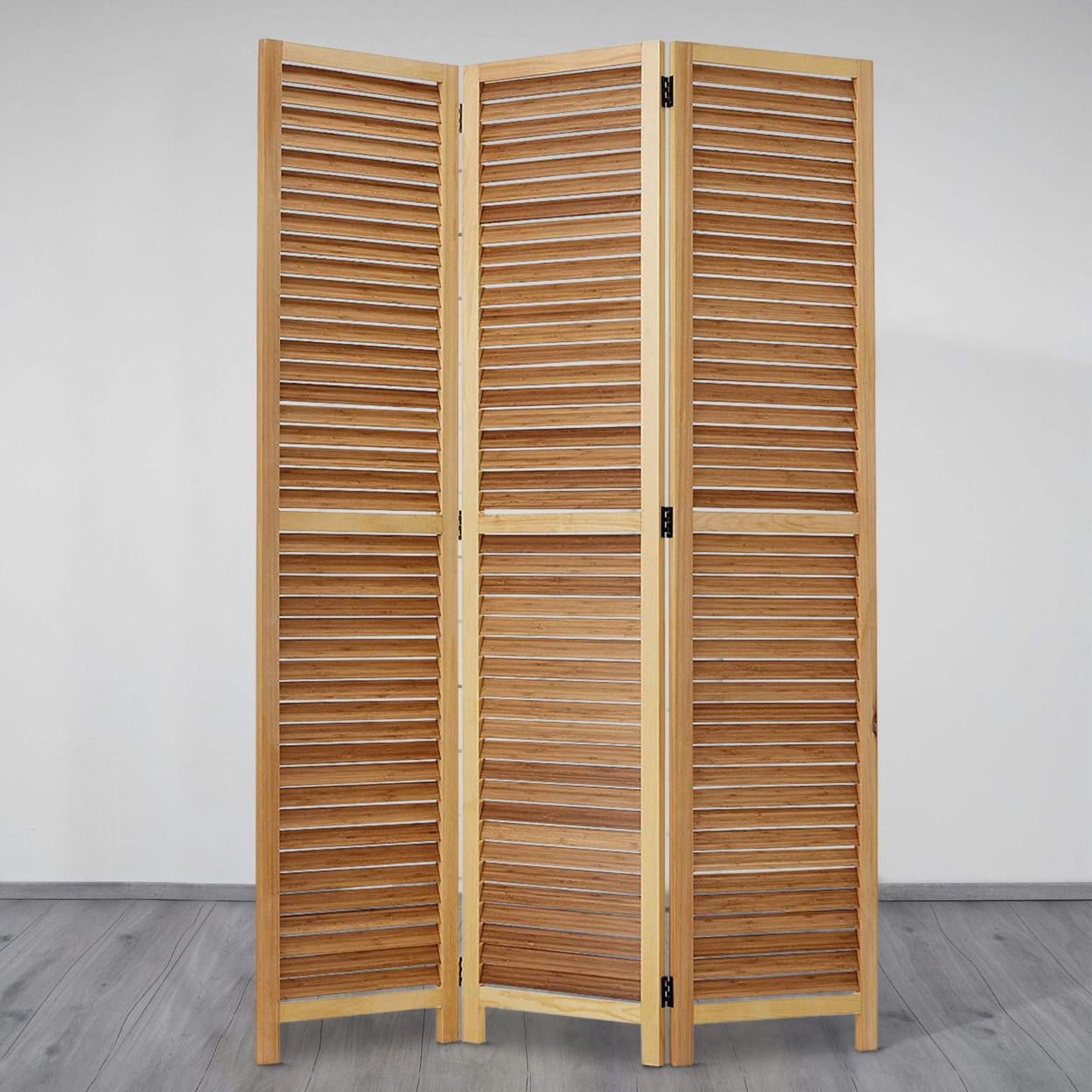 Picture of Benjara BM228612 Wooden 3 Panel Shutter Screen with Bamboo Slats&#44; Natural Brown