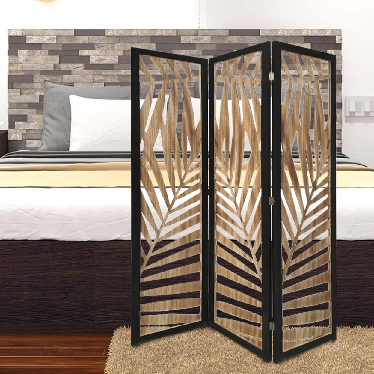 Picture of Benjara BM228616 3 Panel Wooden Screen with Laser Cut Tropical Leaf Design&#44; Brown & Black