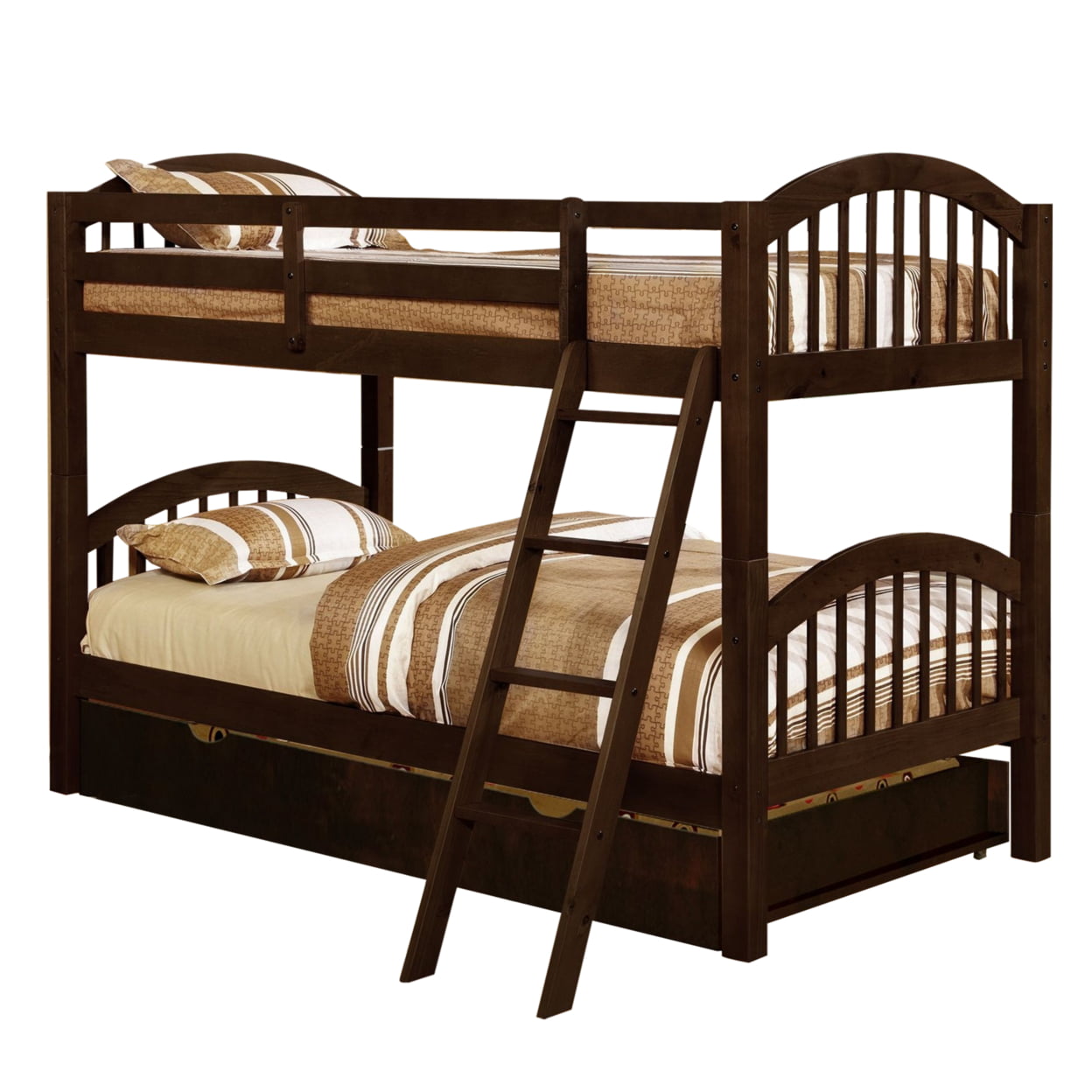 Picture of Benzara BM229208 Arch Design Wooden Twin Over Twin Bunk Bed with Trundle&#44; Dark Brown