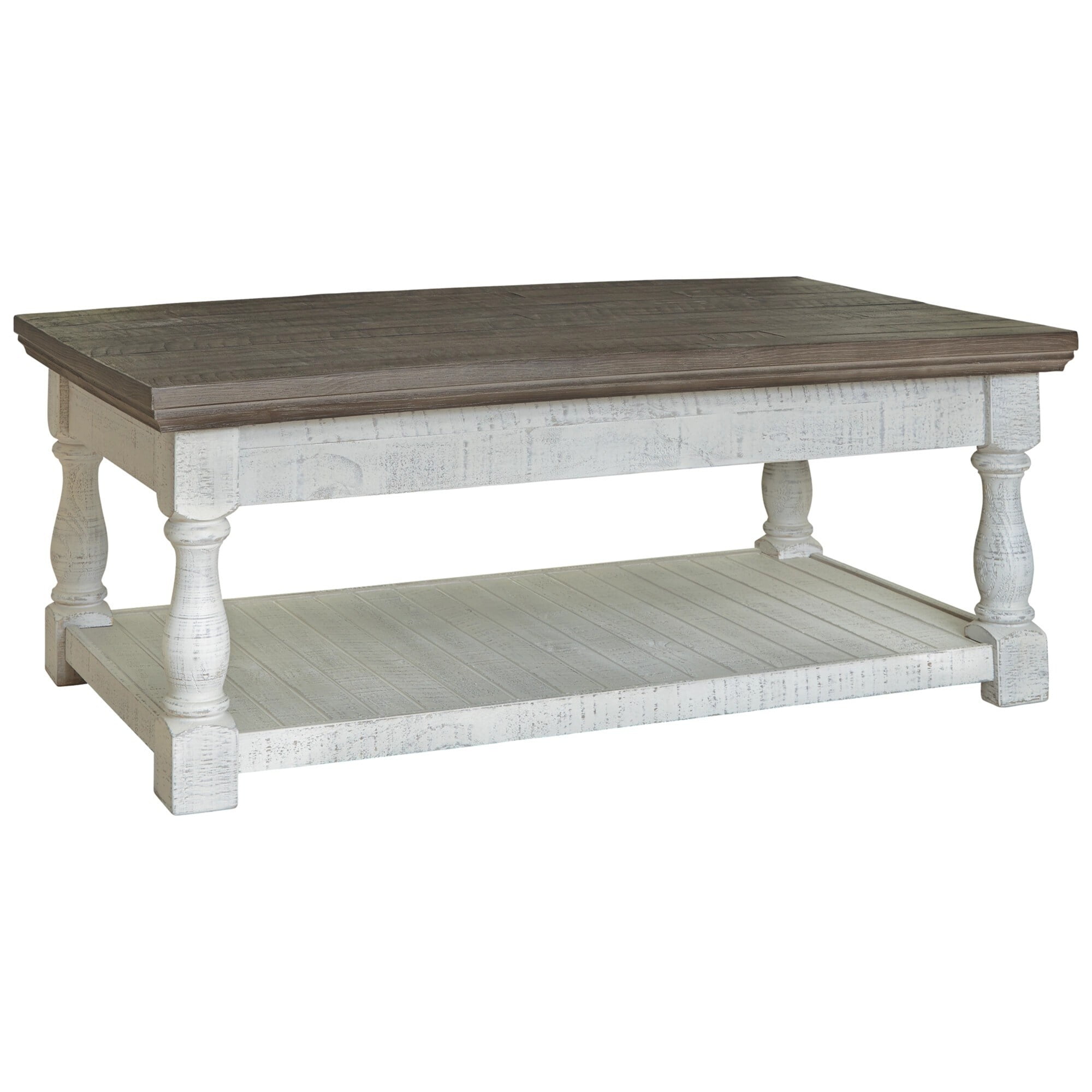 Picture of Benjara BM227511 Plank Lift Top Cocktail Table with Turned Legs&#44; Antique White & Brown