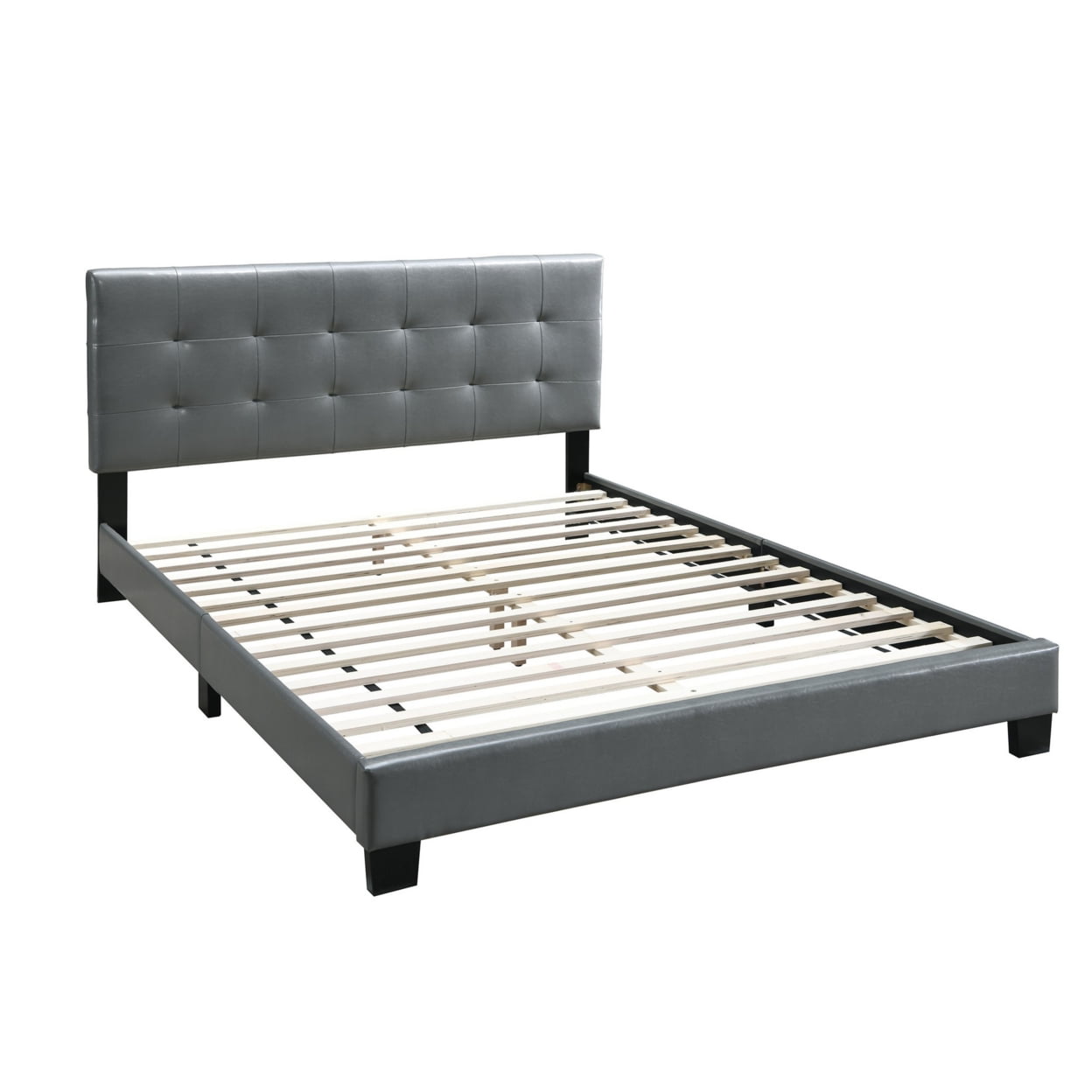 BM232015 Queen Leatherette Bed with Checkered Tufted Headboard, Grey -  Benjara