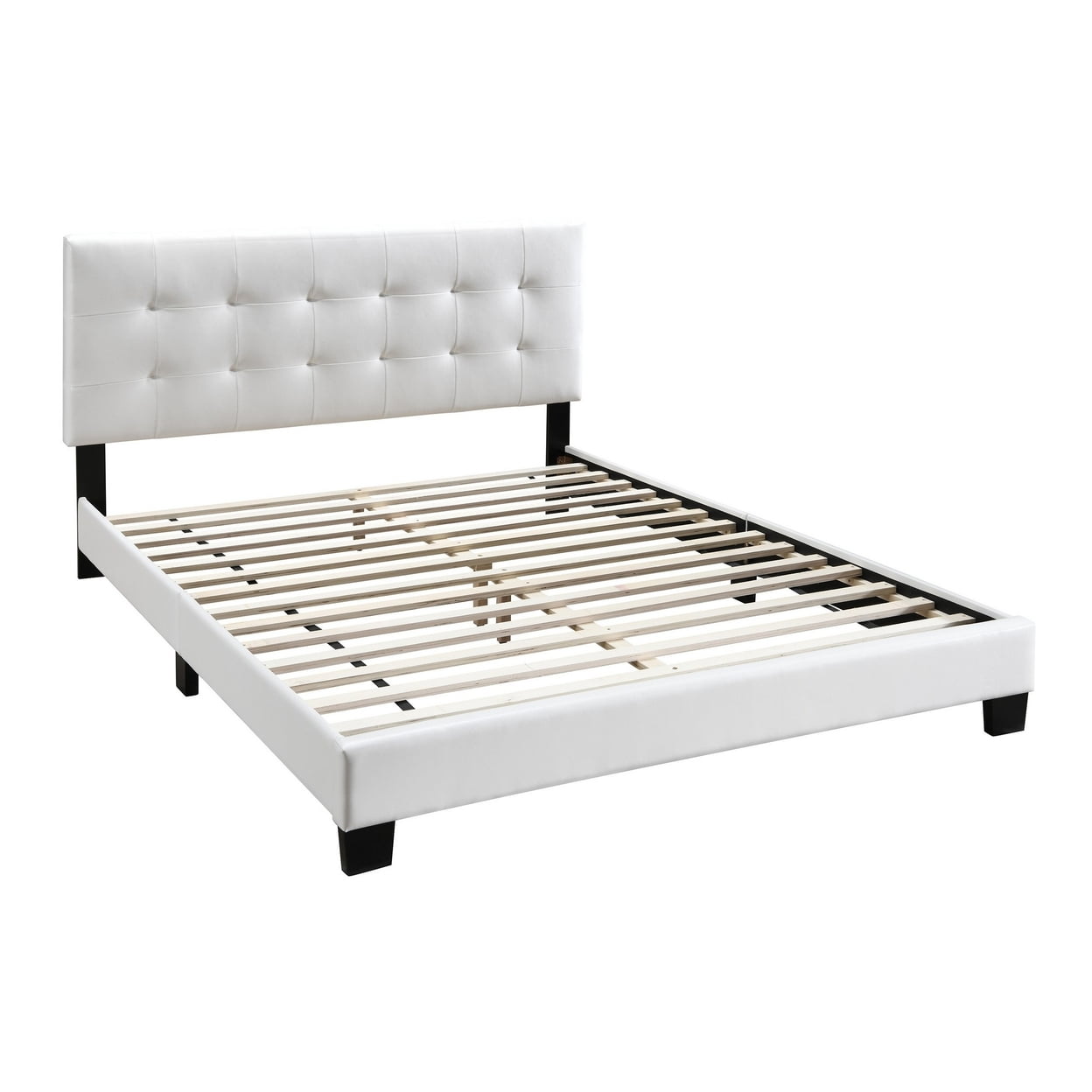 BM232016 Twin Size Leatherette Bed with Checkered Tufted Headboard, White - 43 x 79 x 43 in -  Benjara