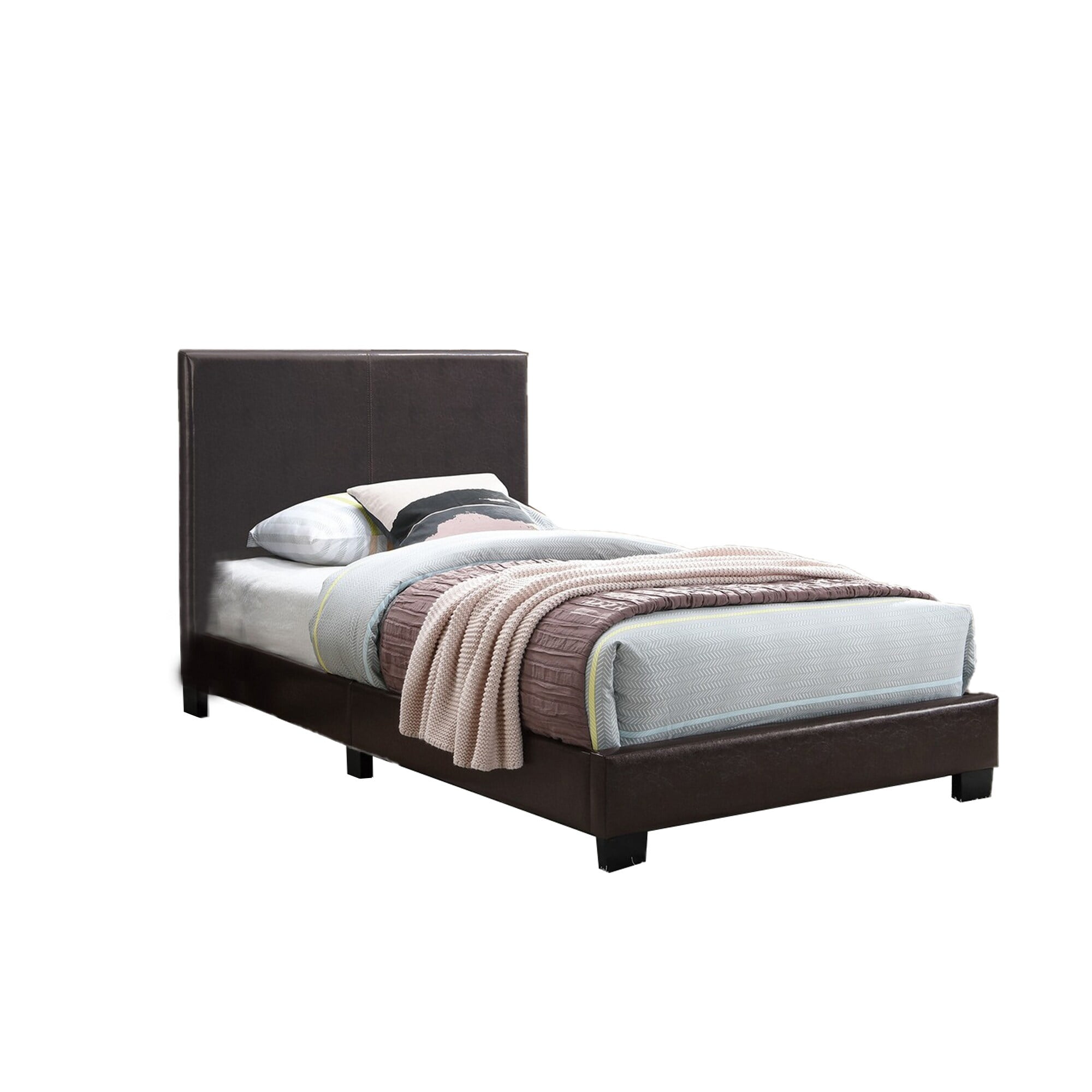 BM232044 Transitional Style Leatherette Queen Bed with Padded Headboard, Dark Brown -  Benjara