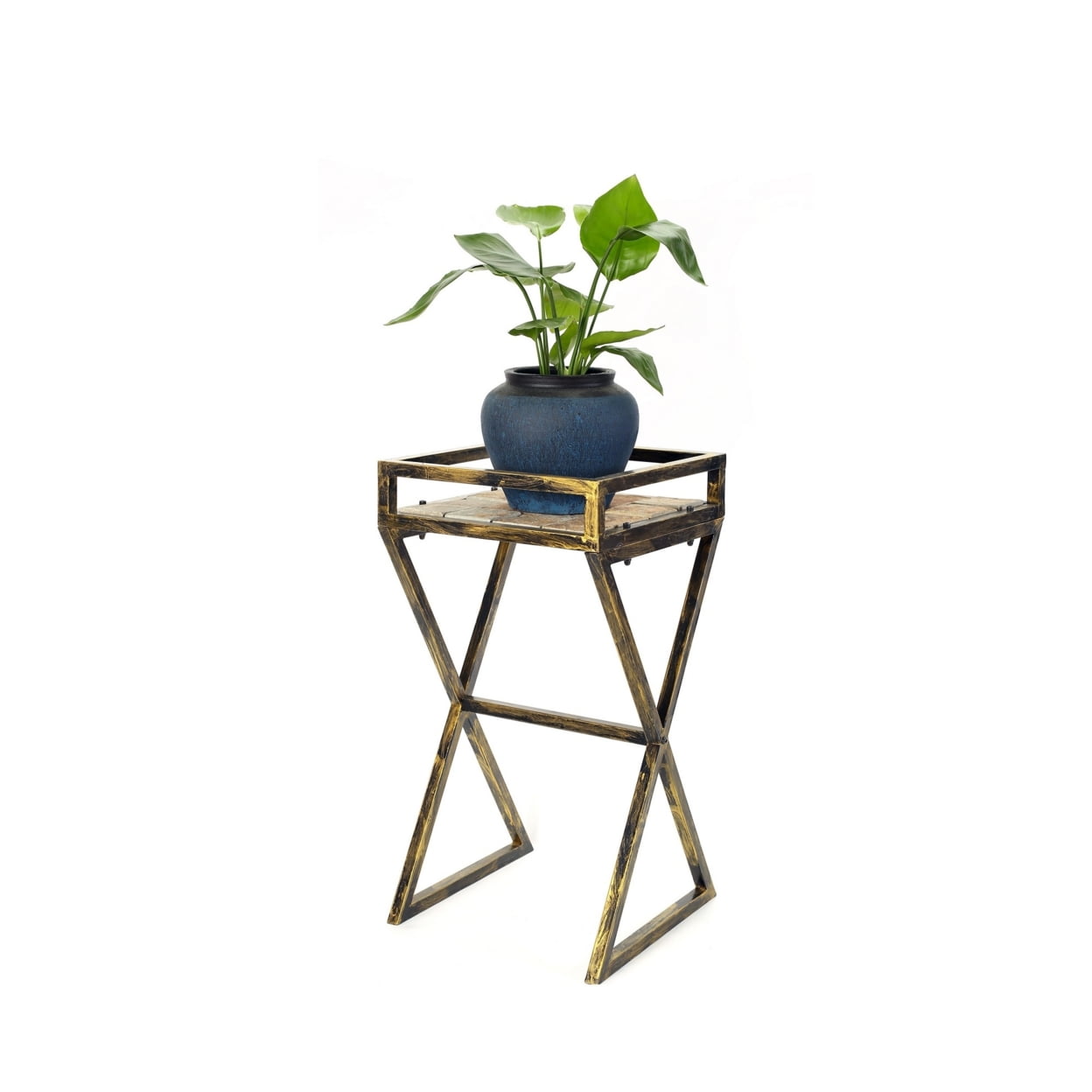 Picture of Benjara BM233949 27 x 14.25 x 14.25 in. 27 Stone Top Plant Stand with X Legs&#44; Black & Gray