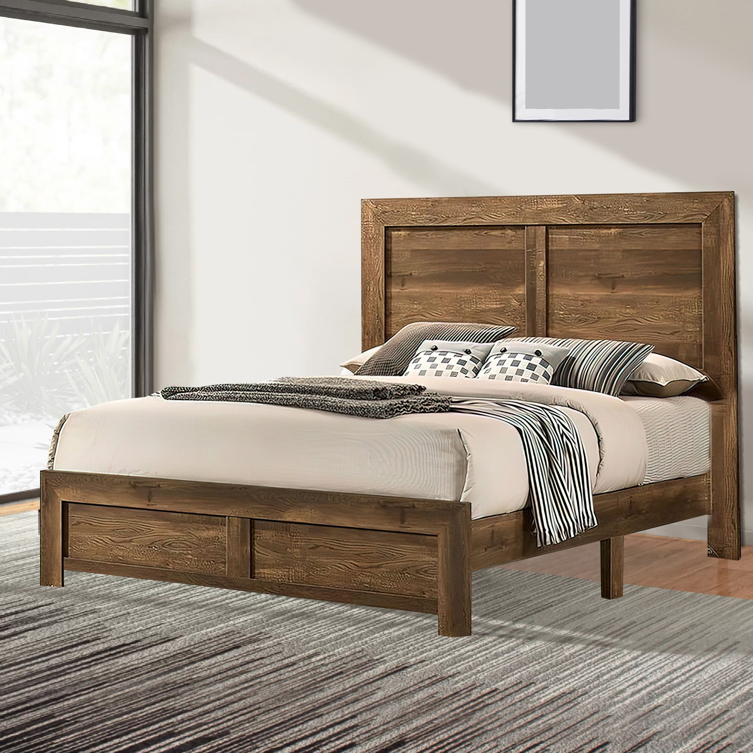 BM235535 Rustic Style Wooden Queen Bed with Grain Details, Brown -  Benjara