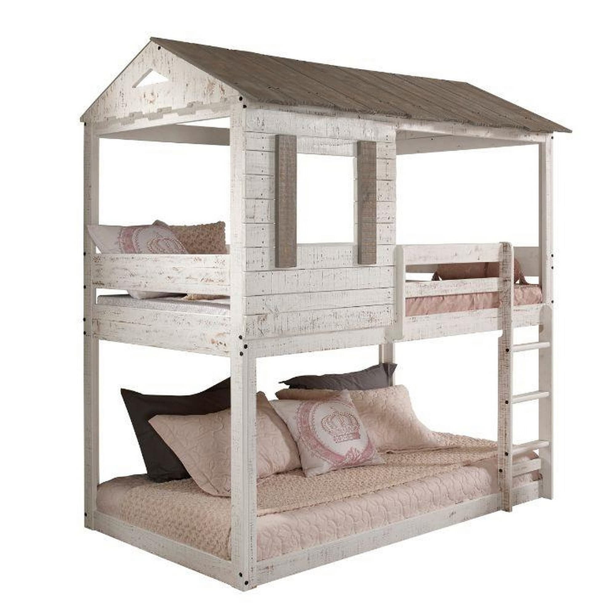 BM235364 89.5 x 42.88 x 77 in. Wooden Bunk Bed with House Design, White & Brown - Twin Size -  Benjara