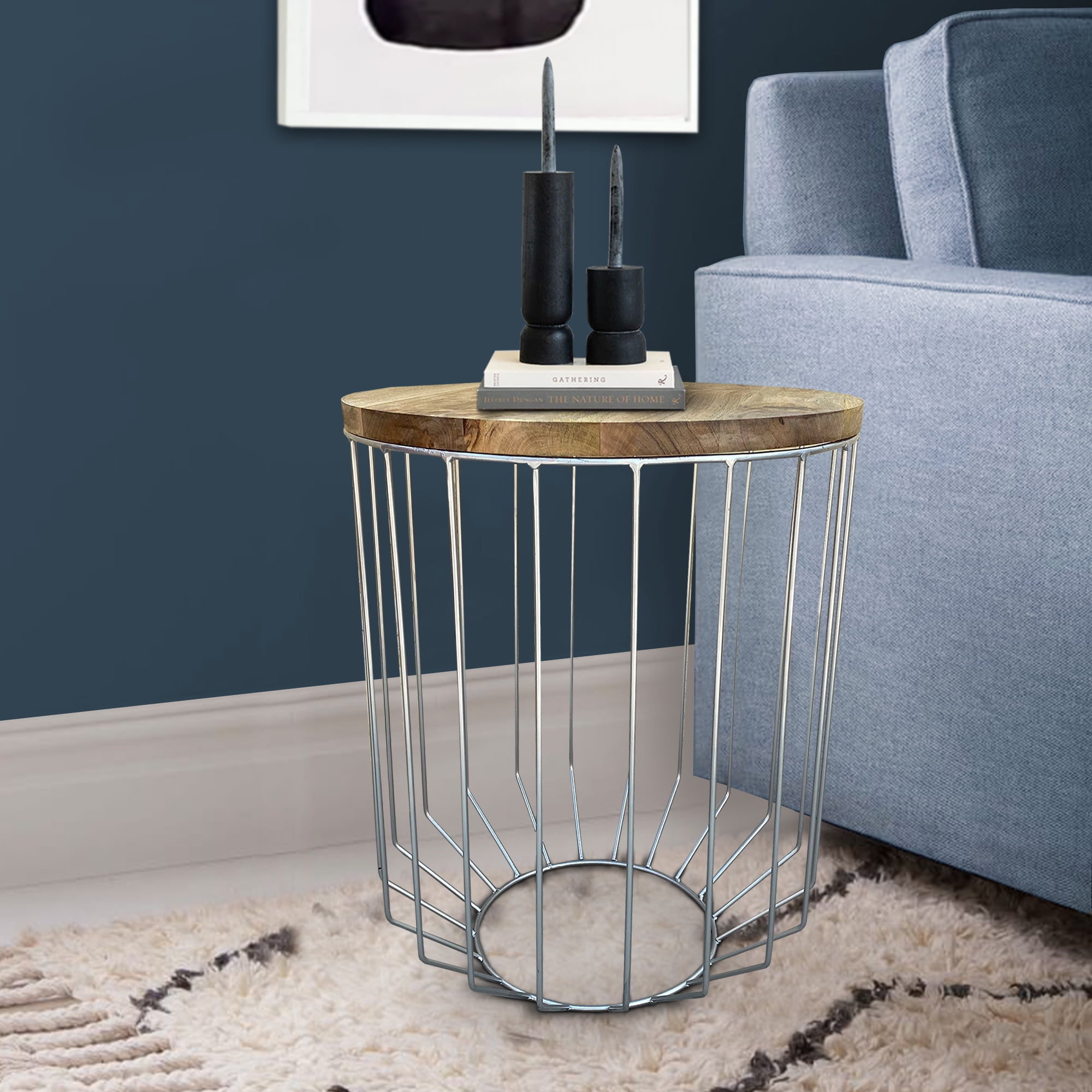 Picture of Benjara I305-HGM023 24.5 x 20 x 20 in. Round Wooden Top Accent Side End Table with Wire Metal Base&#44; Light Brown & Chrome