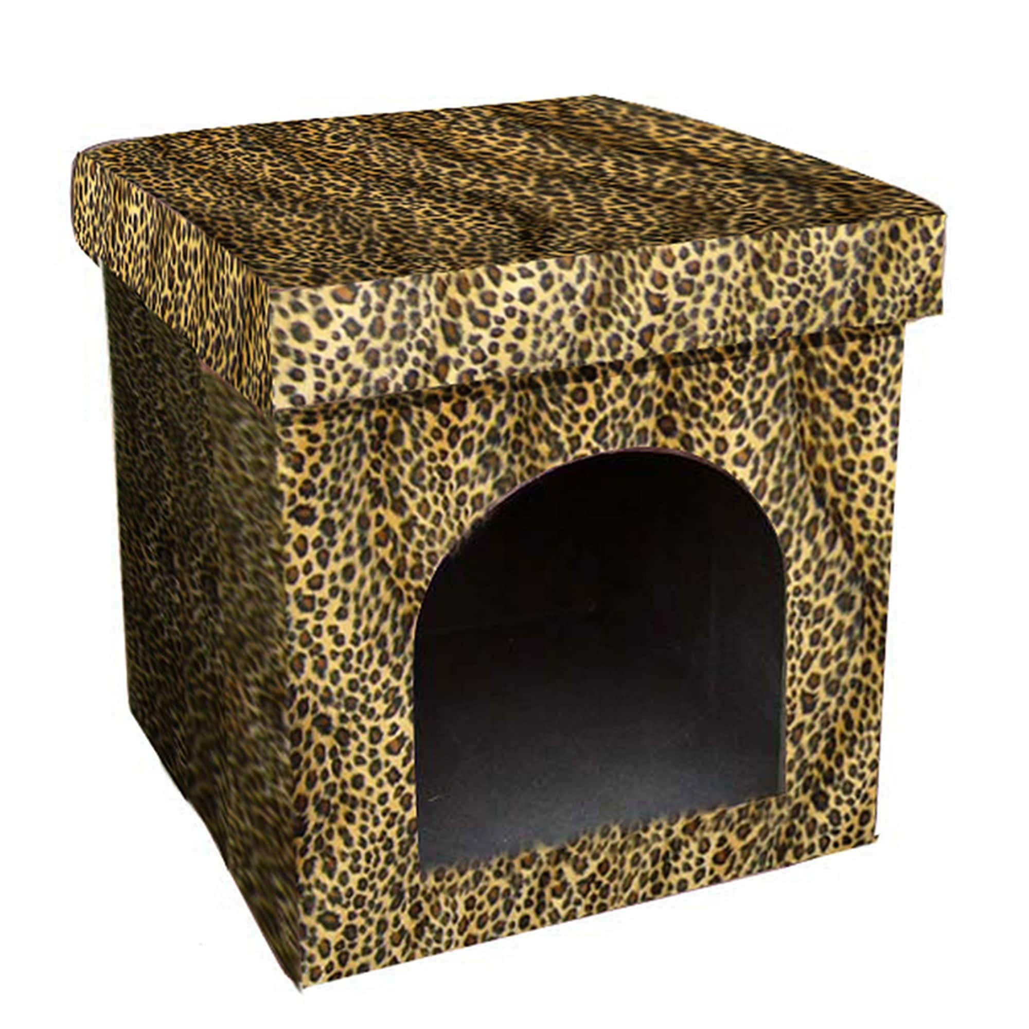 Picture of Benzara BM240404 Pet House with Leopard Print Fabric & Removable Top&#44; Gold & Black