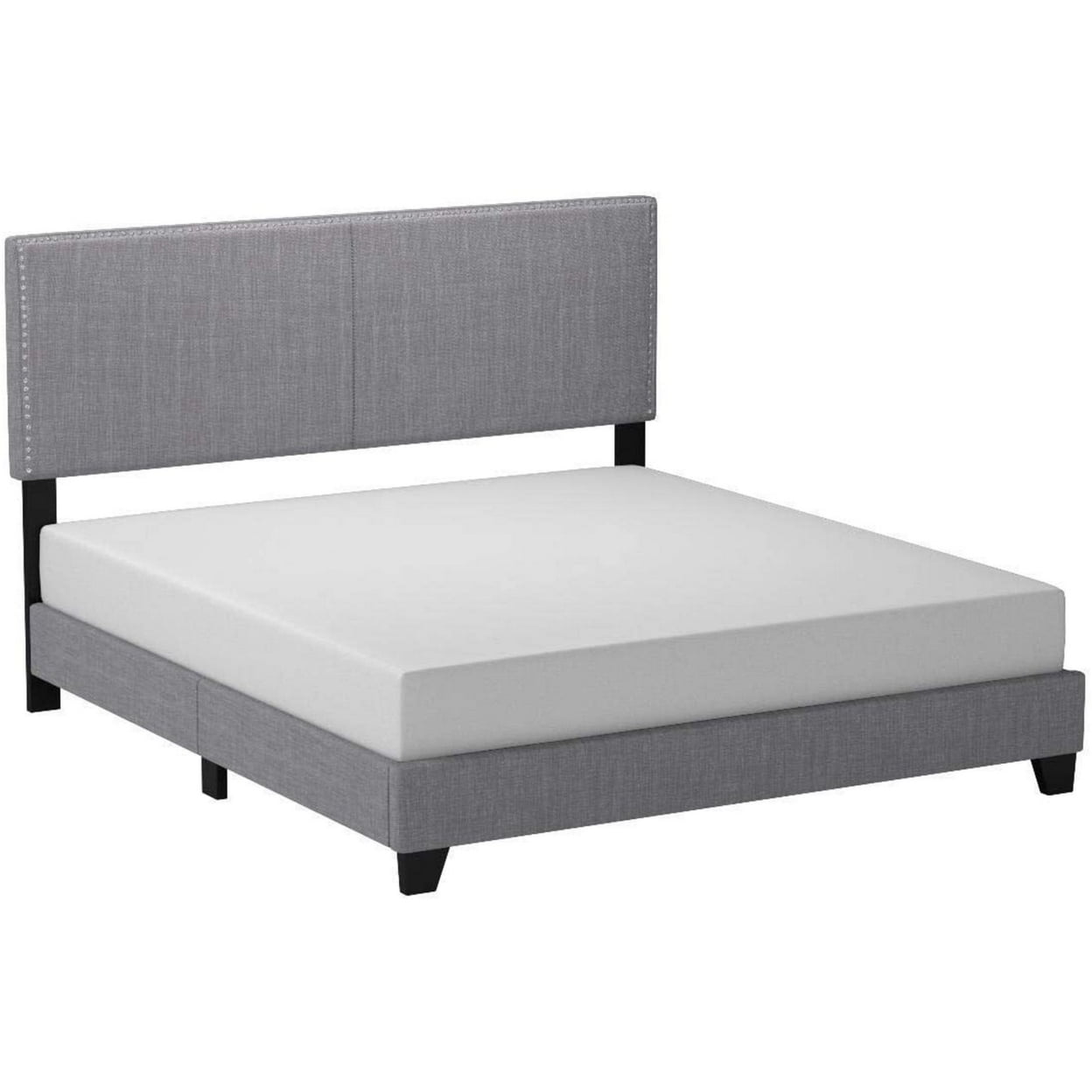 BM241305 California King Bed with Padded Headboard & Nailhead Trim, Gray -  Benzara