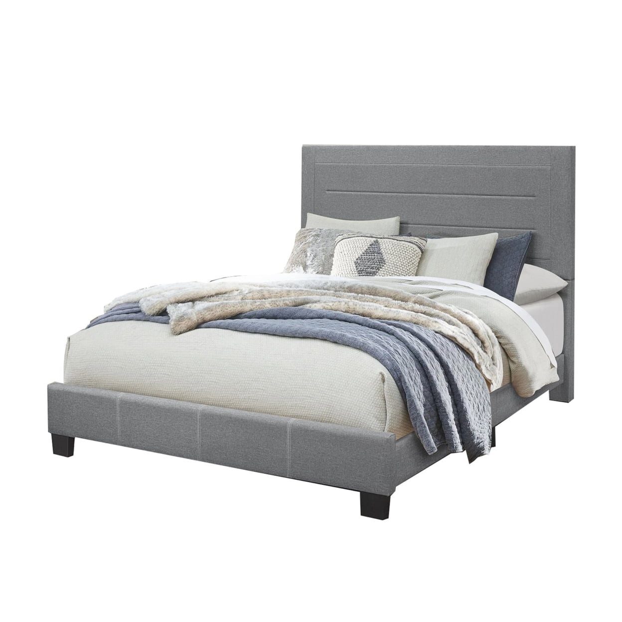 BM243322 Queen Size Size Bed with Fabric Wrapped Frame & Panel Headboard, Grey -  Benjara