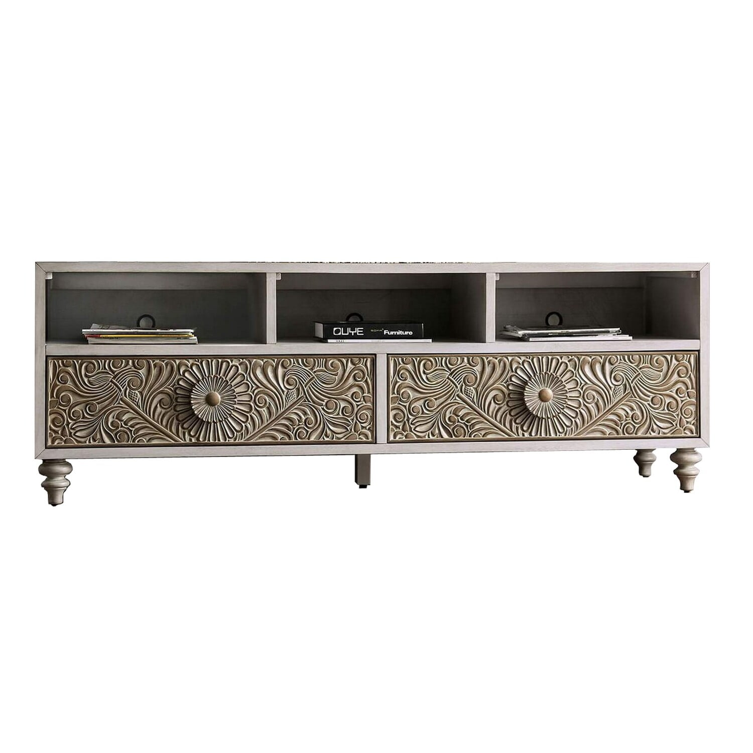 Picture of Benzara BM253003 TV Stand with Polyresin Floral Design, Ivory