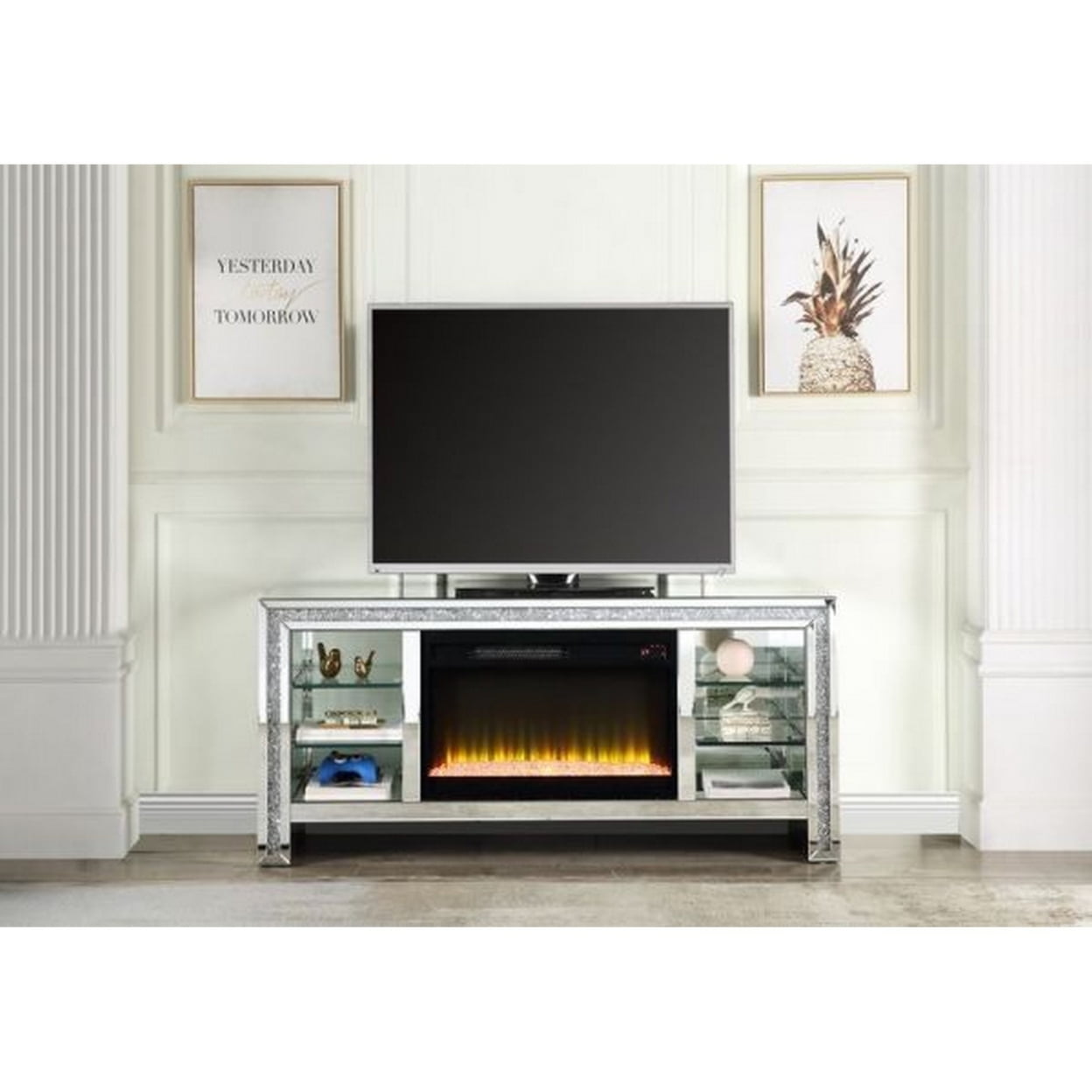 Picture of Benjara BM266433 TV Stand with Fireplace & Three Shelves&#44; Silver & Black