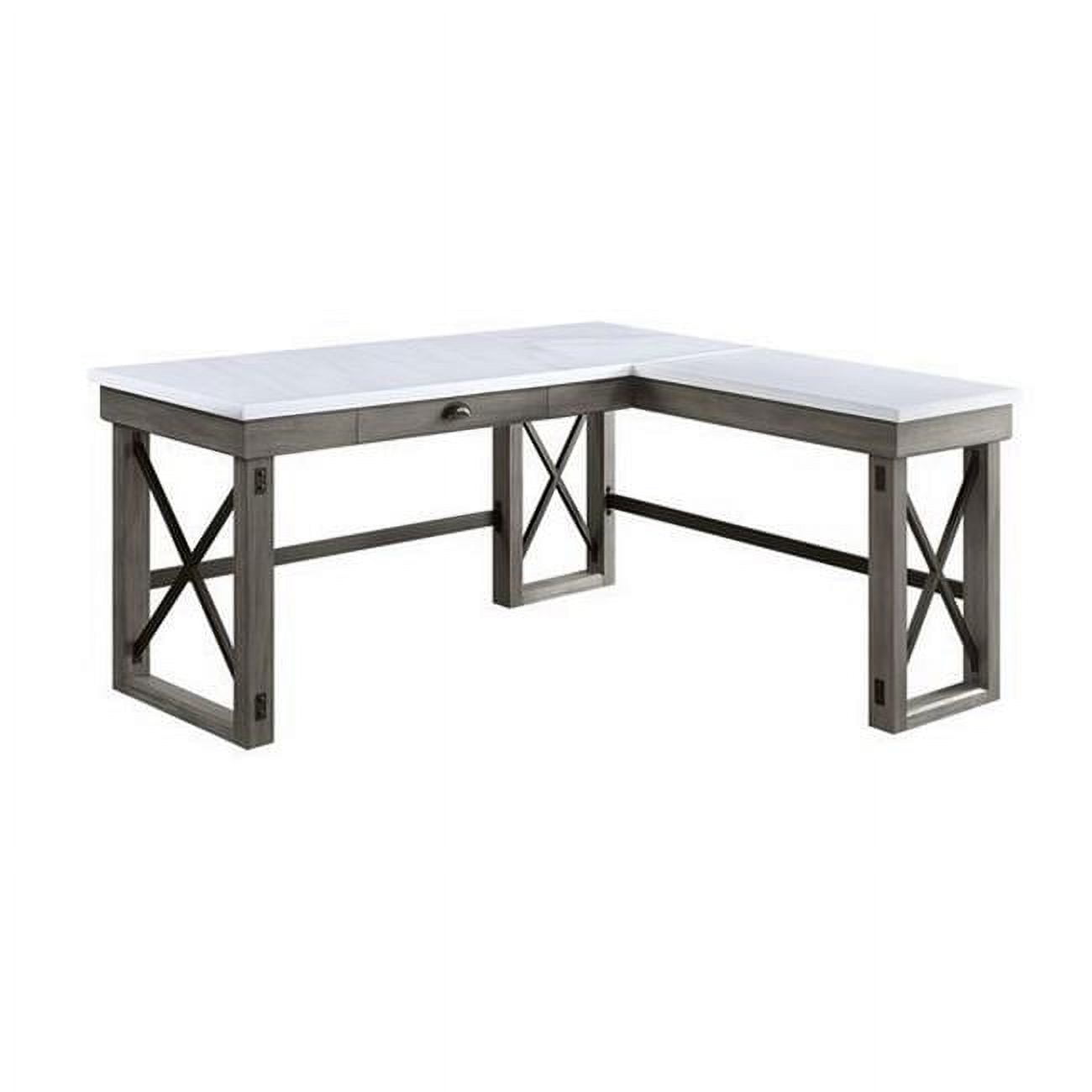 Picture of Benjara BM269057 L Shape Writing Desk with Marble Lift Top & Sled Base&#44; Gray & White