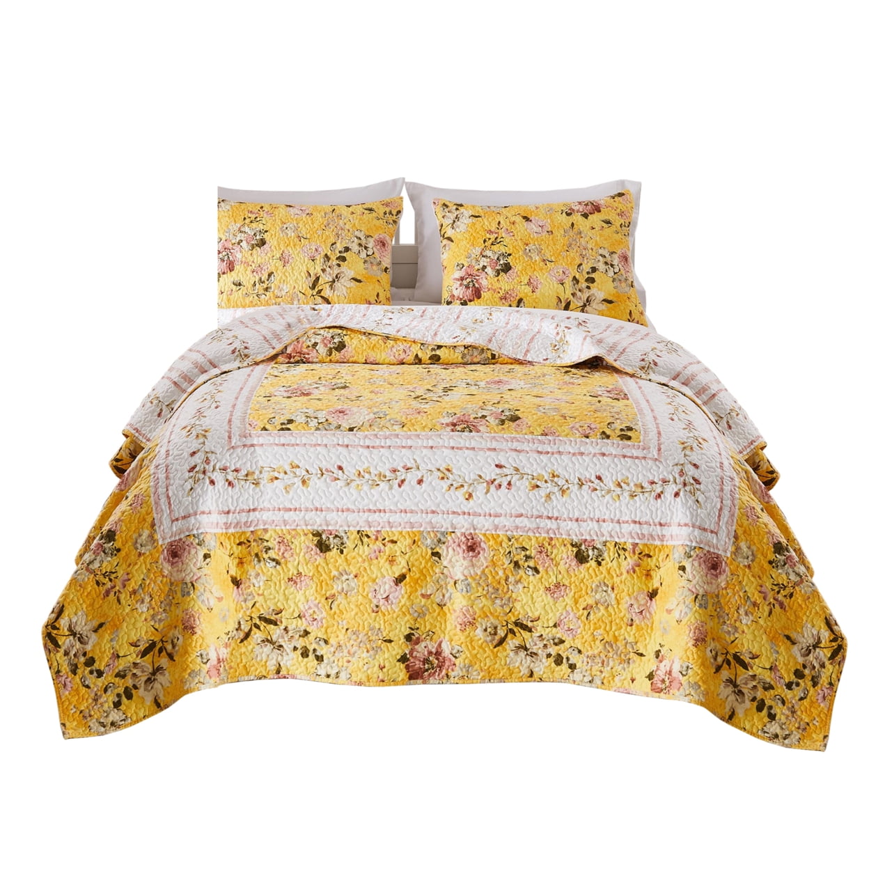 Picture of Benjara BM245659 Full & Queen Size Quilt Set with Floral Print&#44; Yellow - 3 Piece