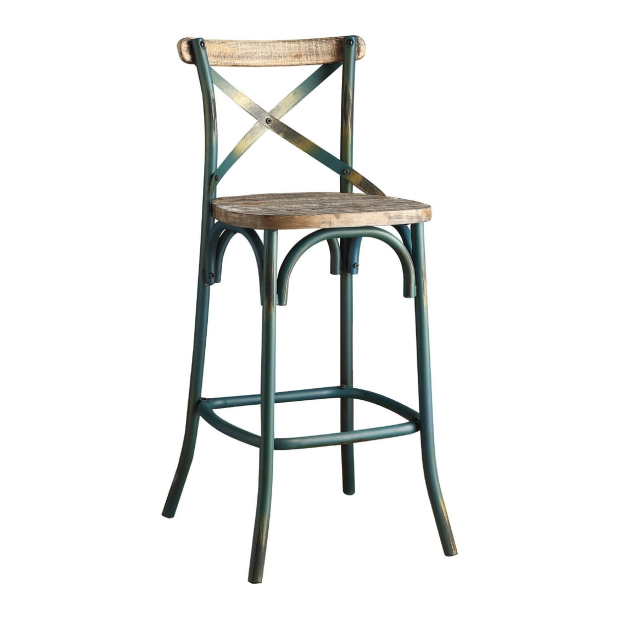 Picture of Benjara BM280274 29 in. Chad Modern Bar Height Chair - Footrest&#44; X Backrest&#44; Green & Oak Wood