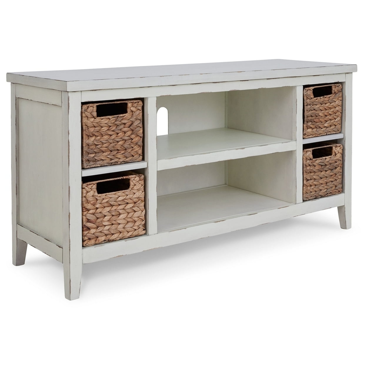 BM283301 47 in. Anya Rustic TV Entertainment Console - Open Shelf, 4 Baskets, White -  Benjara