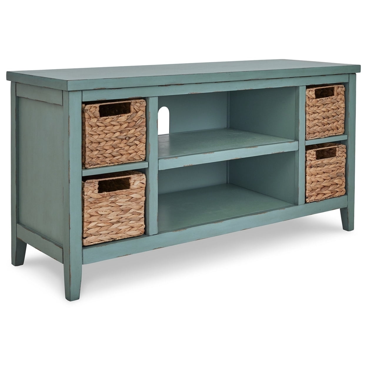 BM283303 47 in. Anya Rustic TV Entertainment Console, Open Shelf, 4 Baskets, Blue -  Benjara