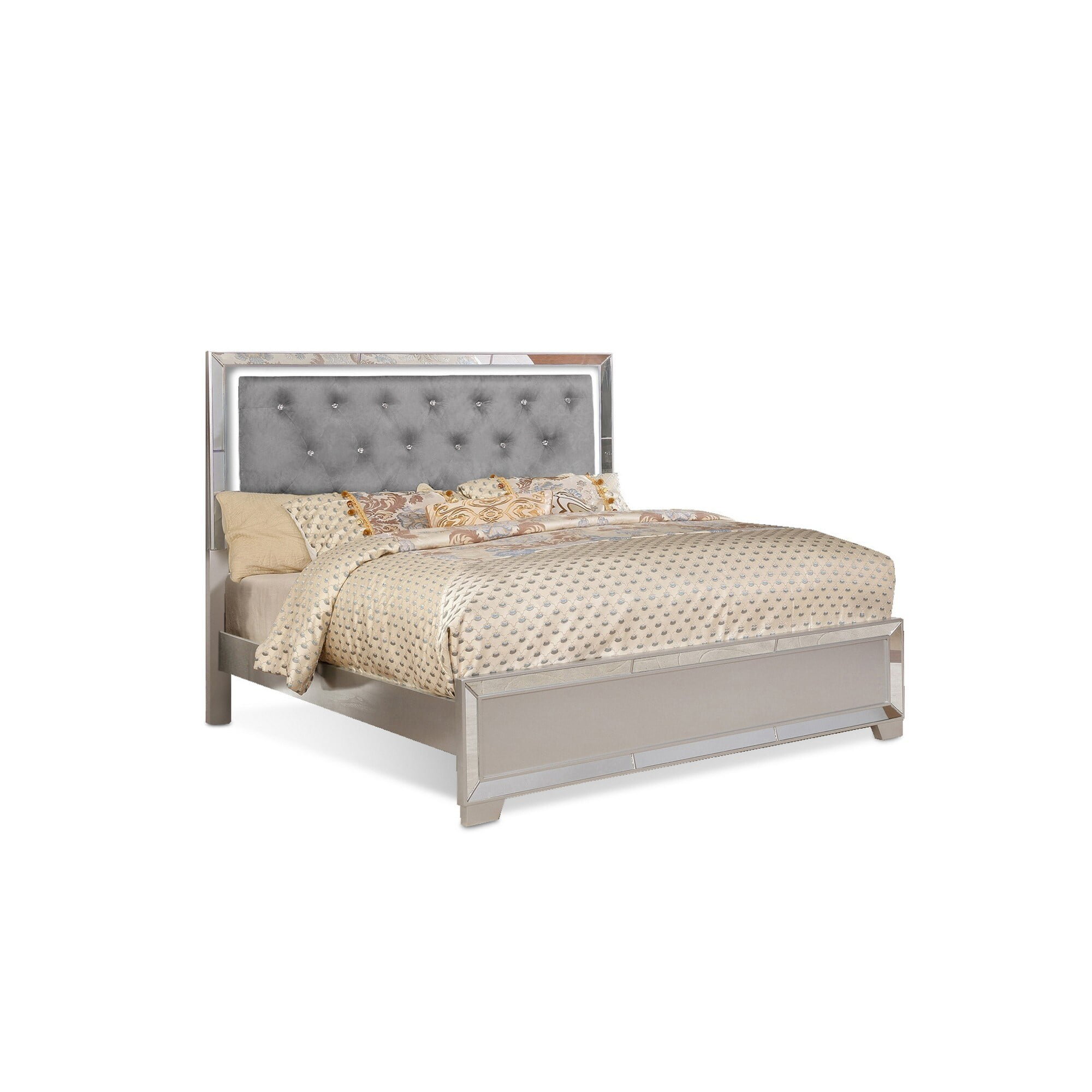 BM283198 Eli Crystal Tufted Bed - LED, Mirror Inlays & Wood, Gray Velvet & Silver - Queen Size -  Benjara