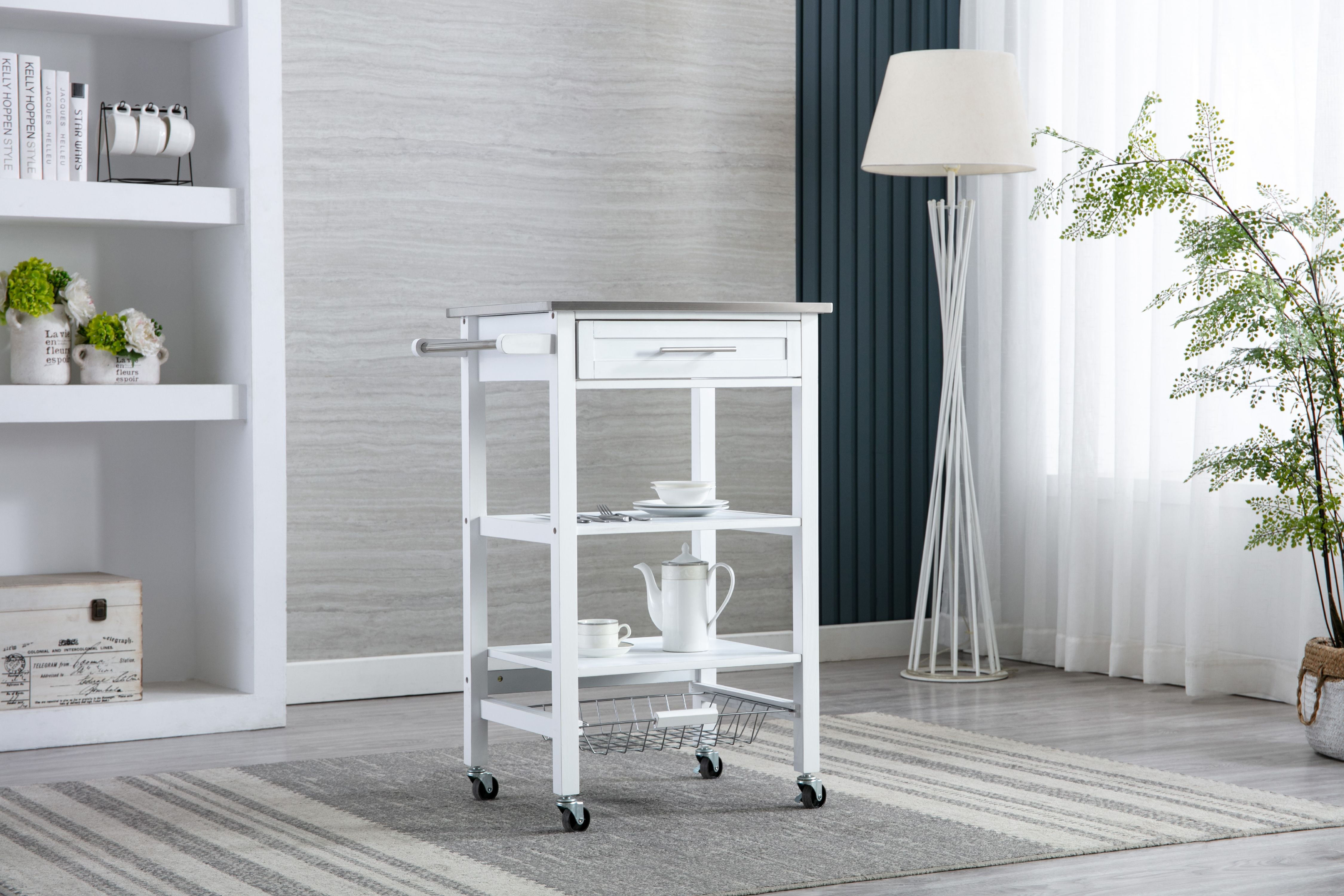 Picture of Boraam 50661 Hennington Kitchen Cart with Stainless Steel Top - White Wash