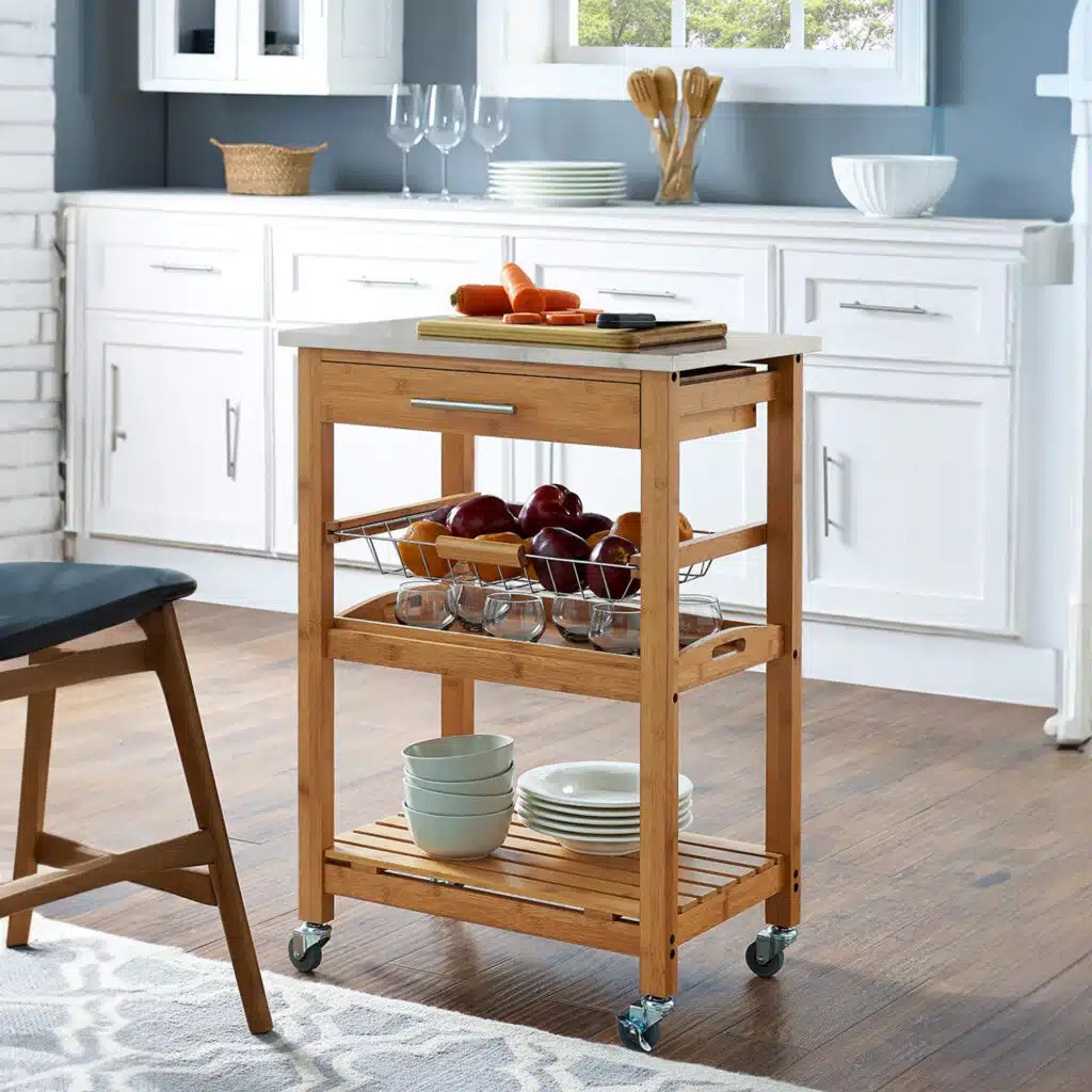 50670 Aya Bamboo Kitchen Cart with Faux Marble Top