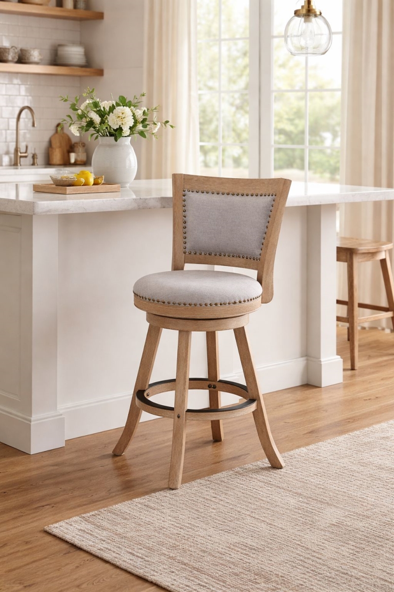 70524 Melrose Grey Fabric Swivel Counter Stool - Driftwood Wire-Brush Finish