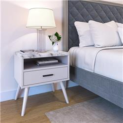 Low Profile Nightstand - White - 1 Drawer - Marble Top Accent Piece