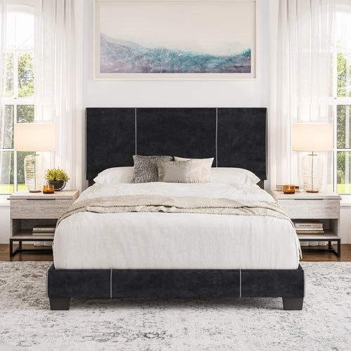 Lucena Black Velvet Queen Size Upholstered Bed Frame with Headboard
