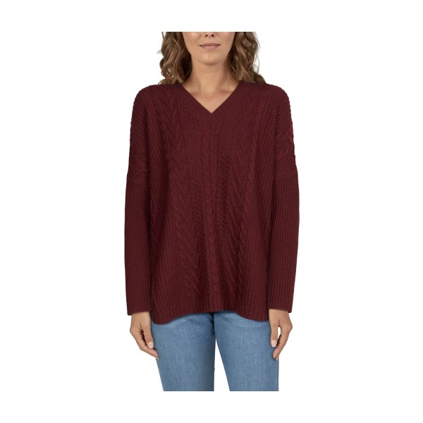 81145577 Cable Pullover V-Neck Long-Sleeve Sweater for Ladies - Cabernet Heather - Small -  Natural Reflections