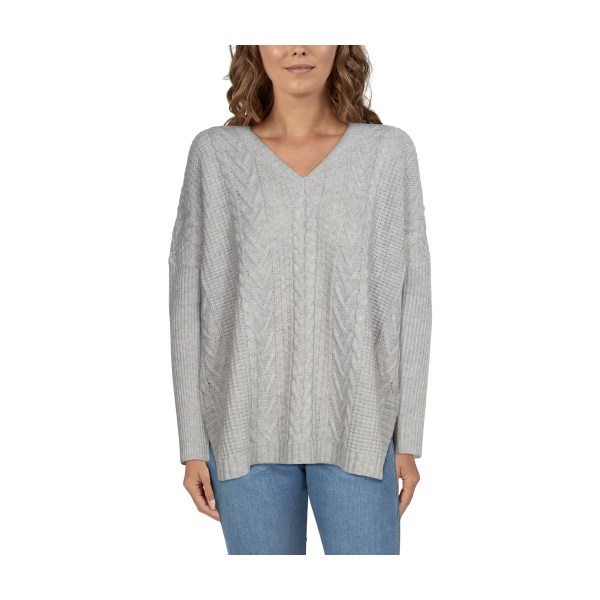 81145592 Cable Pullover V-Neck Long-Sleeve Sweater for Ladies - Light Heather Gray - 2XL -  Natural Reflections