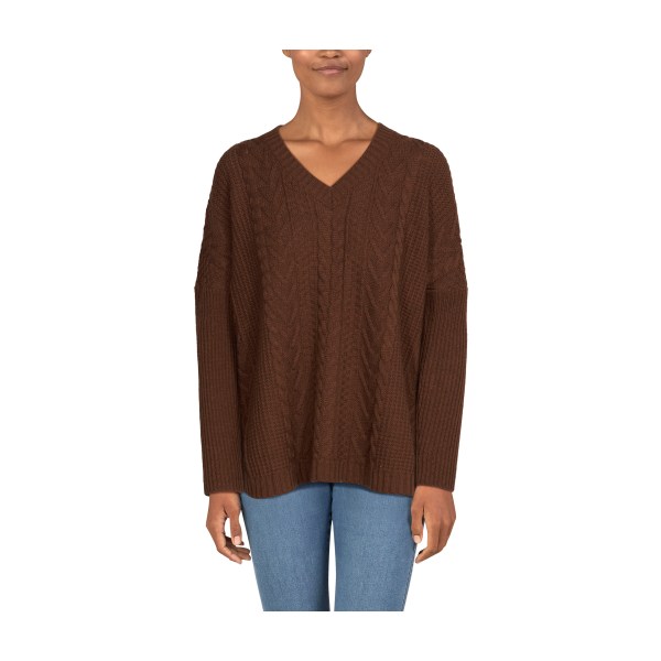 81145576 Cable Pullover V-Neck Long-Sleeve Sweater for Ladies - Brown Heather - 2XL -  Natural Reflections