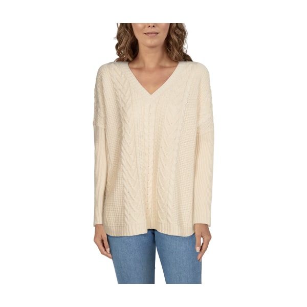 81145569 Cable Pullover V-Neck Long-Sleeve Sweater for Ladies - Oatmeal Heather - Large -  Natural Reflections