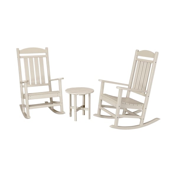 Plywood 80972846 Presidential Rocker Set with Round 18 in. Side Table, Sand - 3 Piece -  Polywood