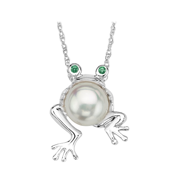 60531287 Silver Elegance Pearl Frog with Green Cubic Zirconia Eyes Pendant Sterling Silver Necklace -  TR Jewelry Concepts