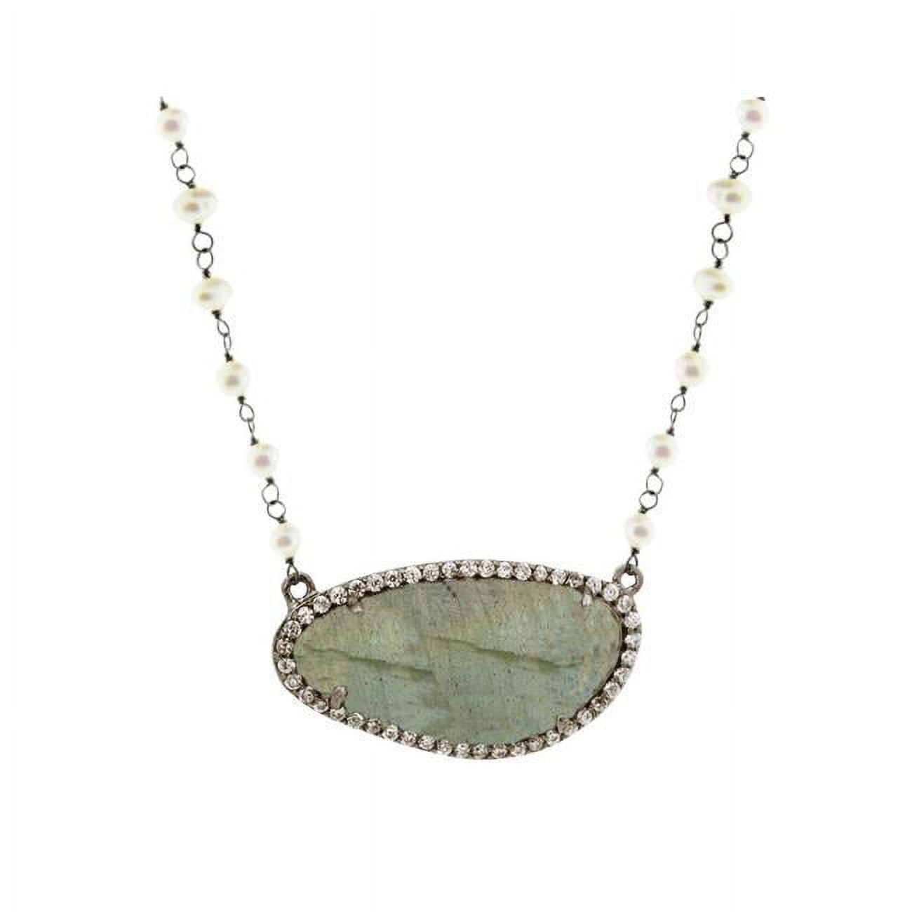 Picture of Fronay 9L1109P Labradorite Stone Slice & Mini Pearls Necklace in Black Sterling Silver