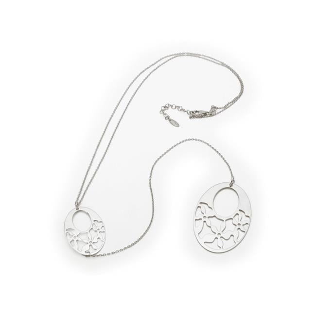 Picture of Fronay BA1104 22 & 6 in. Laser Cut Oval Engravings Lariat Necklace in Rhodium Plated Silver